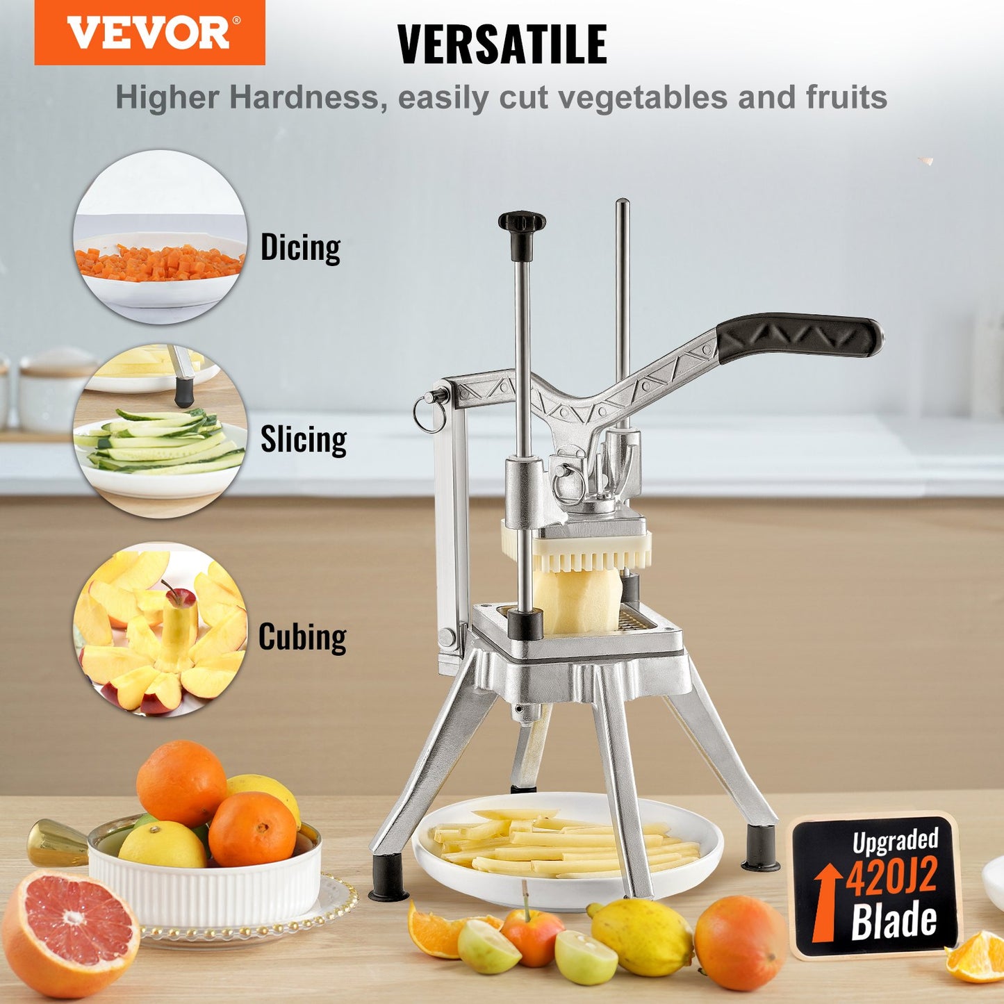 Commercial Chopper with 4 Replacement Blades Commercial Vegetable Chopper Stainless Steel French Fry Cutter Potato Dicer & Slicer Commercial Vegetable Fruit Chopper for Restaurants & Home Kitche