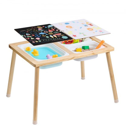Sinnes- und Spieltisch für Kleinkinder, Aktivitätstisch mit 3 faltbaren Aufbewahrungsboxen und doppelseitiger Tafel, Sand- und Wassertisch für drinnen und draußen, Sinnes- und Spieltisch aus Holz zum Zeichnen, Lernen und Essen