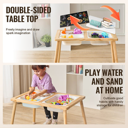 Sinnes- und Spieltisch für Kleinkinder, Aktivitätstisch mit 3 faltbaren Aufbewahrungsboxen und doppelseitiger Tafel, Sand- und Wassertisch für drinnen und draußen, Sinnes- und Spieltisch aus Holz zum Zeichnen, Lernen und Essen