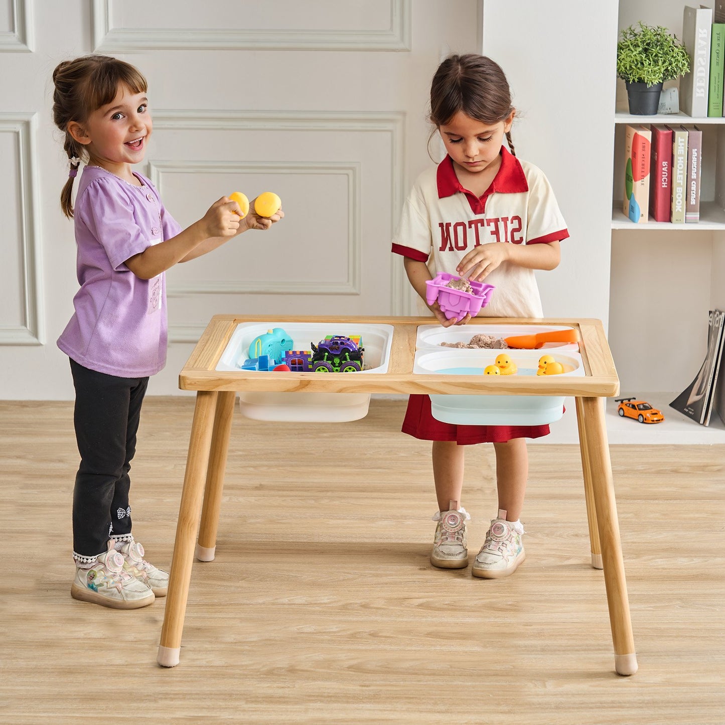 Sinnes- und Spieltisch für Kleinkinder, Aktivitätstisch mit 3 faltbaren Aufbewahrungsboxen und doppelseitiger Tafel, Sand- und Wassertisch für drinnen und draußen, Sinnes- und Spieltisch aus Holz zum Zeichnen, Lernen und Essen