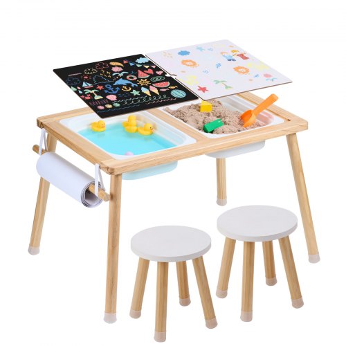 Sinnes-Tisch- und Stuhlset, Aktivitätstisch für Kleinkinder mit 2 Hockern, 2 Aufbewahrungsboxen und Papierrollenhalter, Sand- und Wassertisch für drinnen und draußen, Sinnes-Tisch aus Holz – Geschenk für Jungen und Mädchen