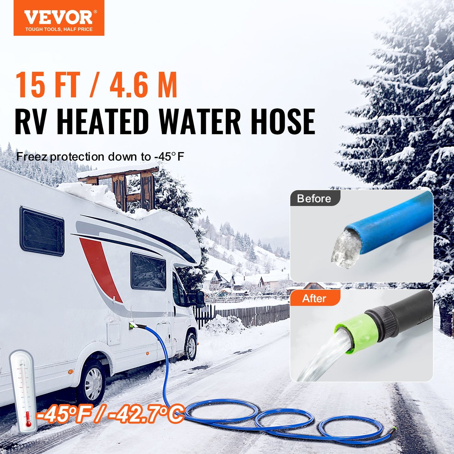 457.2 cm Heated Water Hose for RV -45℉ Antifreeze Heated Drinking Water Hose