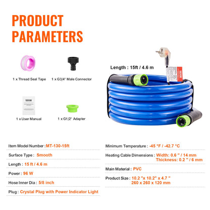 457.2 cm Heated Water Hose for RV -45℉ Antifreeze Heated Drinking Water Hose