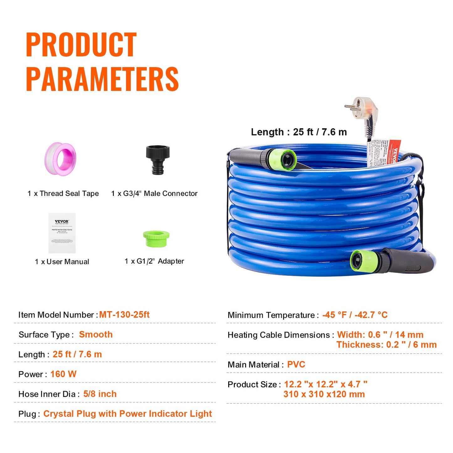 25ft Heated Water Hose for RV, Heated Drinking Water Hose Antifreeze to -45°F, Automatic Self-regulating, 5/8" I.D. with Quick-connect Fitting Set, Lead and BPA Free