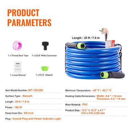 25ft Heated Water Hose for RV, Heated Drinking Water Hose Antifreeze to -45°F, Automatic Self-regulating, 5/8" I.D. with Quick-connect Fitting Set, Lead and BPA Free