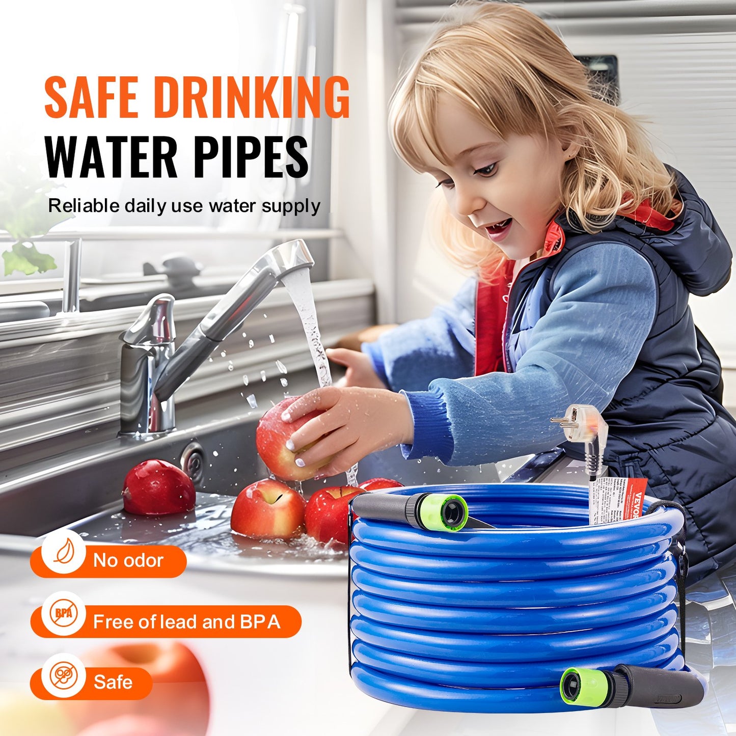 30ft Heated Water Hose for RV, Heated Drinking Water Hose Antifreeze to -45°F, Automatic Self-regulating, 5/8" I.D. with Quick-connect Fitting Set, Lead and BPA Free