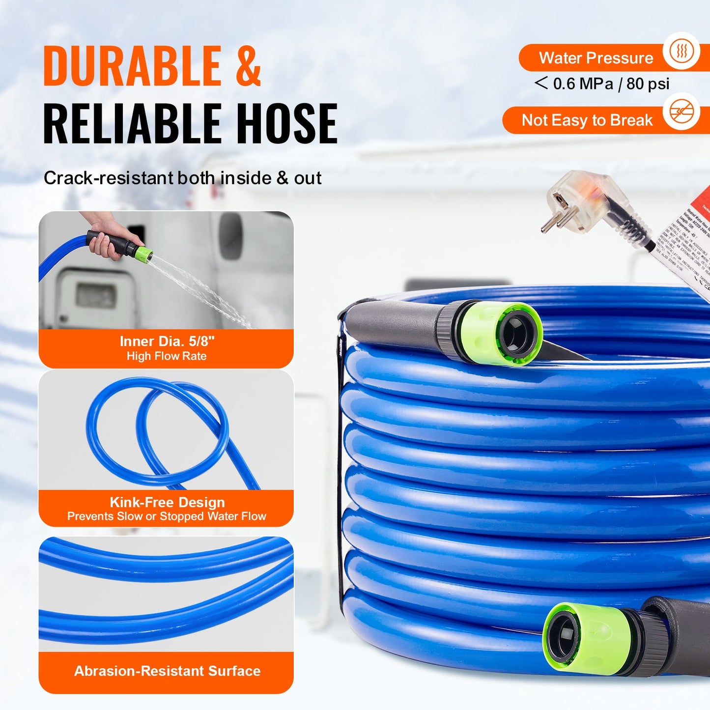 30ft Heated Water Hose for RV, Heated Drinking Water Hose Antifreeze to -45°F, Automatic Self-regulating, 5/8" I.D. with Quick-connect Fitting Set, Lead and BPA Free