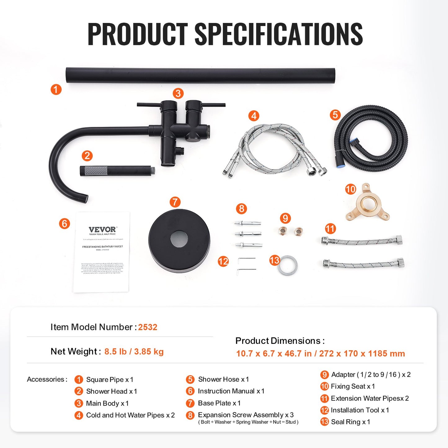 Freistehende Badewannenarmatur, Bodenmontage, freistehende Wannenfüllarmatur, Duschmischer, zwei Wasserstrahlarten, 360° schwenkbarer Auslauf, zum Baden und Duschen, Baden von Haustieren, Reinigen von Abflüssen und Spülen der Toilette