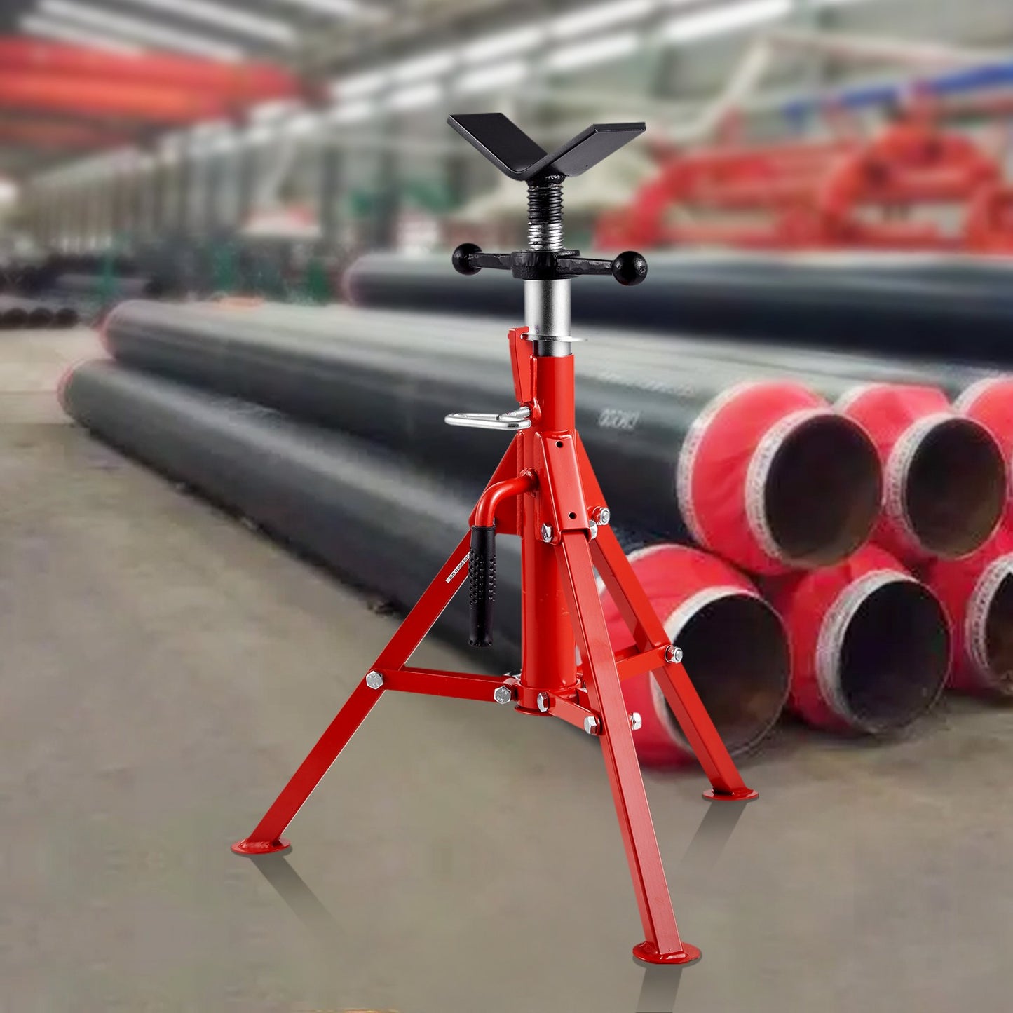 V Head Pipe Stand 1/8"-12" Capacity, Adjustable Height 610mm-1067mm, Pipe Jack Stands 1134kg Load Capacity, Portable Folding Pipe Stands, Carbon Steel Body for Enhanced Durability