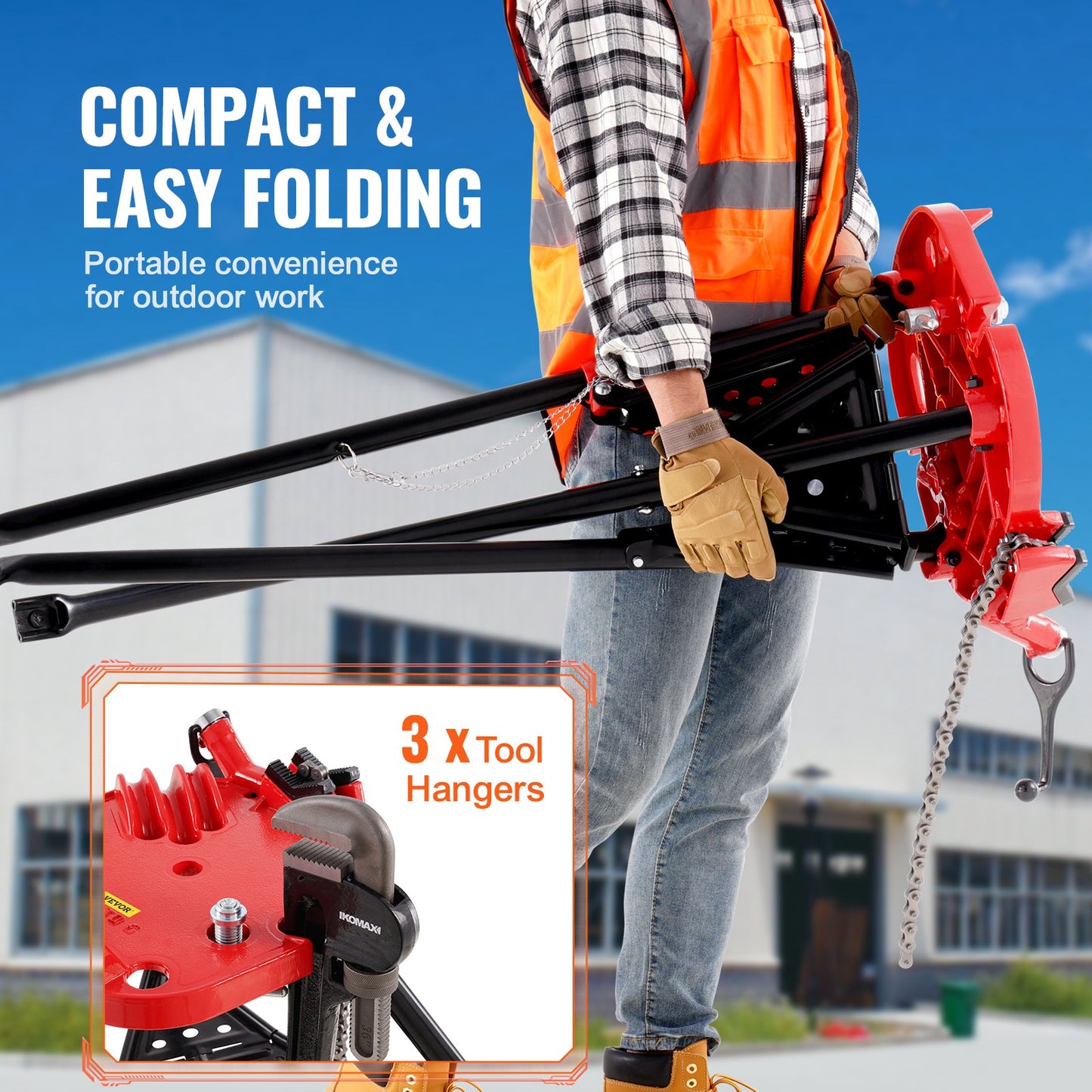 Kettenschraubstock mit Dreibeinstativ | Rohrdurchmesser: 3,2 bis 152 mm | Tragkraft: 600 kg | Tragbares Stativ mit klappbaren Beinen und Werkzeugablage | Ideal für Sanitär- und Rohrleitungsarbeiten