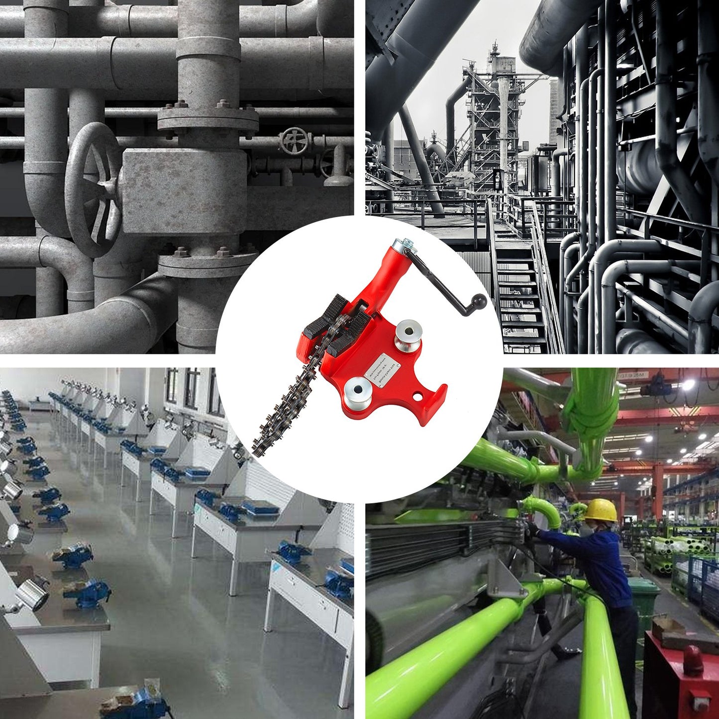 Schraub-Rohrkettenschraubstock für Werkbänke, geeignet für Rohre von 1/8 bis 5 Zoll, robuster Rohrkettenschraubstock mit Kurbelgriff, neoprenbeschichtete Backen, Gusseisenmaterial, ideal für eine Vielzahl von Rohren