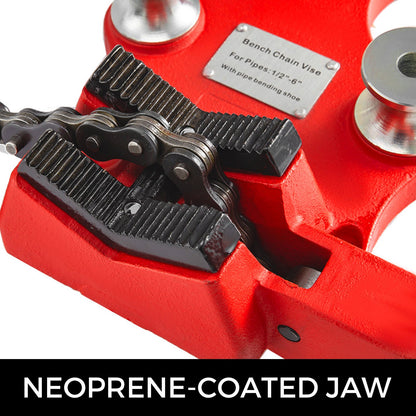 Schraub-Rohrkettenschraubstock für Werkbänke, geeignet für Rohre von 1/8 bis 5 Zoll, robuster Rohrkettenschraubstock mit Kurbelgriff, neoprenbeschichtete Backen, Gusseisenmaterial, ideal für eine Vielzahl von Rohren