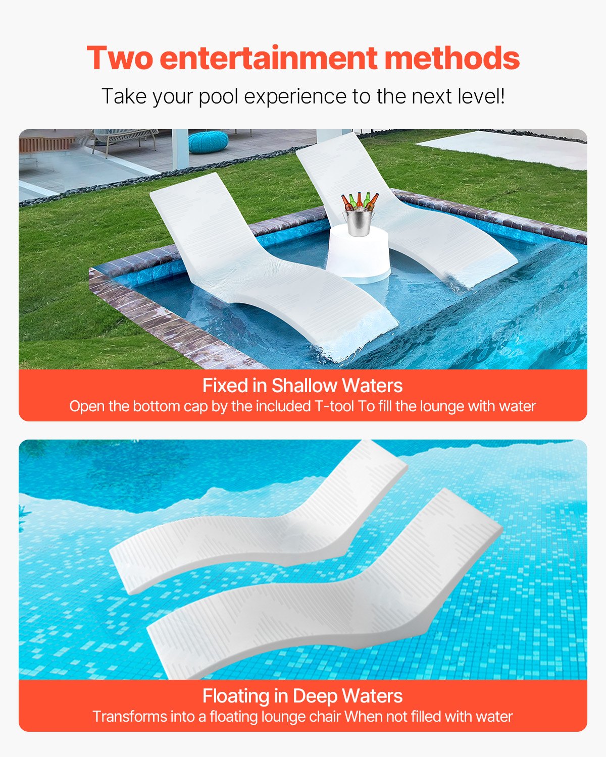 Pool-Liegestühle, 2er-Set, für Pools bis 12,5 cm Wassertiefe, fest im Pool verankert und schwimmend, geeignet für alle Poolarten, zum Sonnenbaden am Pool und auf der Sonnenterrasse