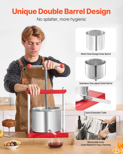 1,6-Gallonen-/6-Liter-Fruchtweinpresse, 2 Edelstahlbehälter, manuelle Saftpresse, Apfel-, Trauben-, Honig- und Olivenölpresse mit T-Griff für die Outdoor-Küche