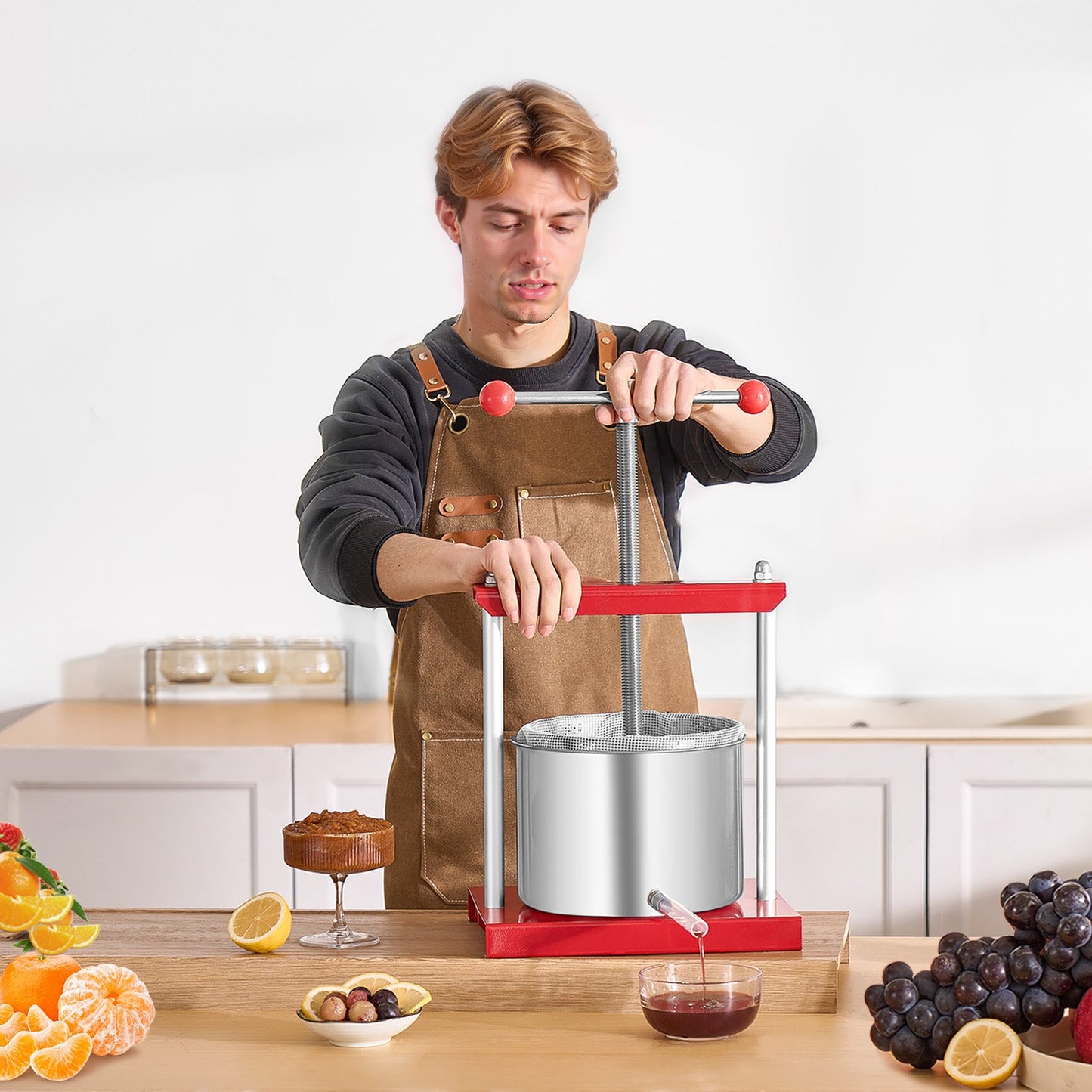 1,6-Gallonen-/6-Liter-Fruchtweinpresse, 2 Edelstahlbehälter, manuelle Saftpresse, Apfel-, Trauben-, Honig- und Olivenölpresse mit T-Griff für die Outdoor-Küche