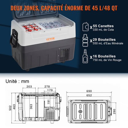 Tragbarer Autokühlschrank mit Gefrierfach, Kompressor, 45,4 l, zwei Temperaturzonen für Auto und Zuhause