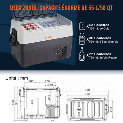 Tragbarer Autokühlschrank mit Gefrierfach, Kompressor, 54,9 l, zwei Temperaturzonen für Auto und Zuhause