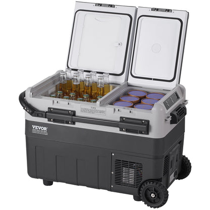 Tragbarer Autokühlschrank, 12-Volt-Kühlschrank, 50 l / 52,8 qt, tragbarer Gefrierschrank mit zwei Temperaturzonen, einstellbare Temperatur von -20 °C bis 20 °C, Kompressorkühler für Zuhause, Outdoor, Camping, Wohnmobil und Auto