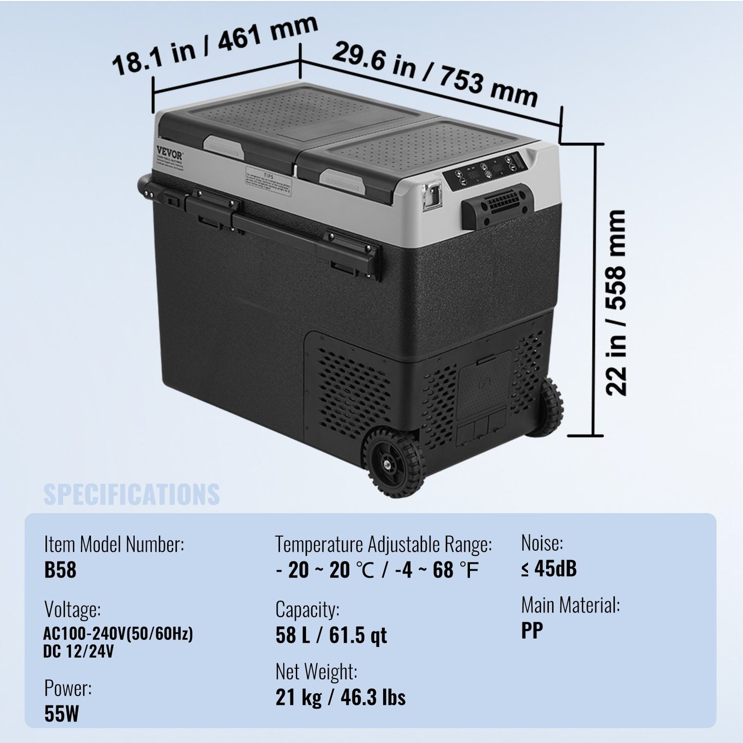 Tragbarer Autokühlschrank, 12-Volt-Kühlschrank, 58 l / 61,5 qt, Zweizonen-Gefrierfach, einstellbare Temperatur von -20 °C bis 20 °C, Kompressorkühler für Zuhause, Outdoor, Camping, Wohnmobil und Auto