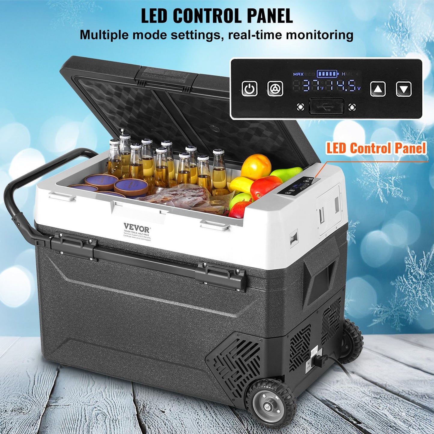 Tragbarer Autokühlschrank, 12-Volt-Kühlschrank, 60 l / 63,4 qt, tragbares Gefrierfach mit einer Temperaturzone, einstellbare Temperatur von -20 °C bis 20 °C, Kompressorkühler für Zuhause, Outdoor, Camping, Wohnmobil und Auto