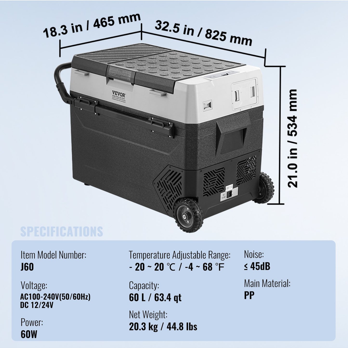 Tragbarer Autokühlschrank, 12-Volt-Kühlschrank, 60 l / 63,4 qt, tragbares Gefrierfach mit einer Temperaturzone, einstellbare Temperatur von -20 °C bis 20 °C, Kompressorkühler für Zuhause, Outdoor, Camping, Wohnmobil und Auto