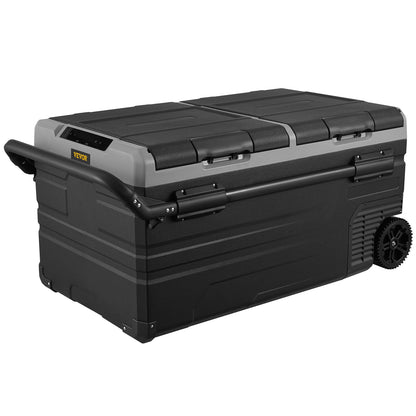 Autokühlschrank, 12-Volt-Kühlschrank, 95 Liter, tragbarer Gefrierschrank mit zwei Temperaturzonen, Rädern und Griff, -20 °C bis 20 °C, 12/24 V DC und 100–240 V AC Kompressorkühler für Outdoor-Aktivitäten und Camping