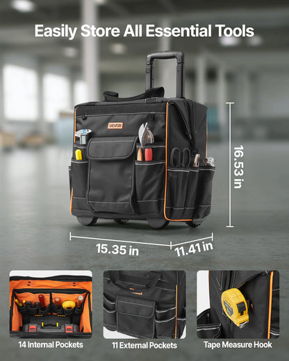 Werkzeugtasche mit Rollen, 50 kg Tragkraft, 25 Taschen, robuste Werkzeugtasche mit Rollen, verstellbarem Teleskopgriff und stabilem Standfuß, Werkzeugtaschen-Organizer mit Rollen für Bauwesen und Mechaniker