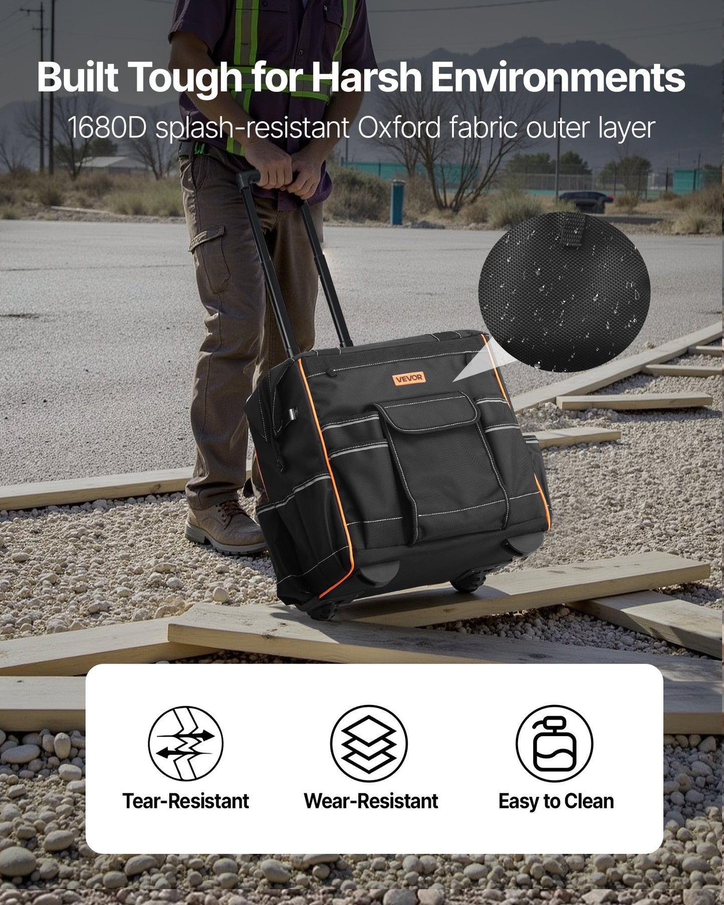 Werkzeugtasche mit Rollen, 50 kg Tragkraft, 25 Taschen, robuste Werkzeugtasche mit Rollen, verstellbarem Teleskopgriff und stabilem Standfuß, Werkzeugtaschen-Organizer mit Rollen für Bauwesen und Mechaniker