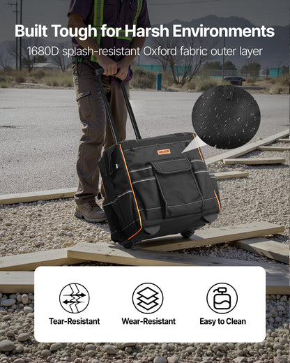 Werkzeugtasche mit Rollen, 50 kg Tragkraft, 25 Taschen, robuste Werkzeugtasche mit Rollen, verstellbarem Teleskopgriff und stabilem Standfuß, Werkzeugtaschen-Organizer mit Rollen für Bauwesen und Mechaniker