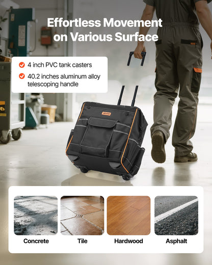 Werkzeugtasche mit Rollen, 50 kg Tragkraft, 25 Taschen, robuste Werkzeugtasche mit Rollen, verstellbarem Teleskopgriff und stabilem Standfuß, Werkzeugtaschen-Organizer mit Rollen für Bauwesen und Mechaniker