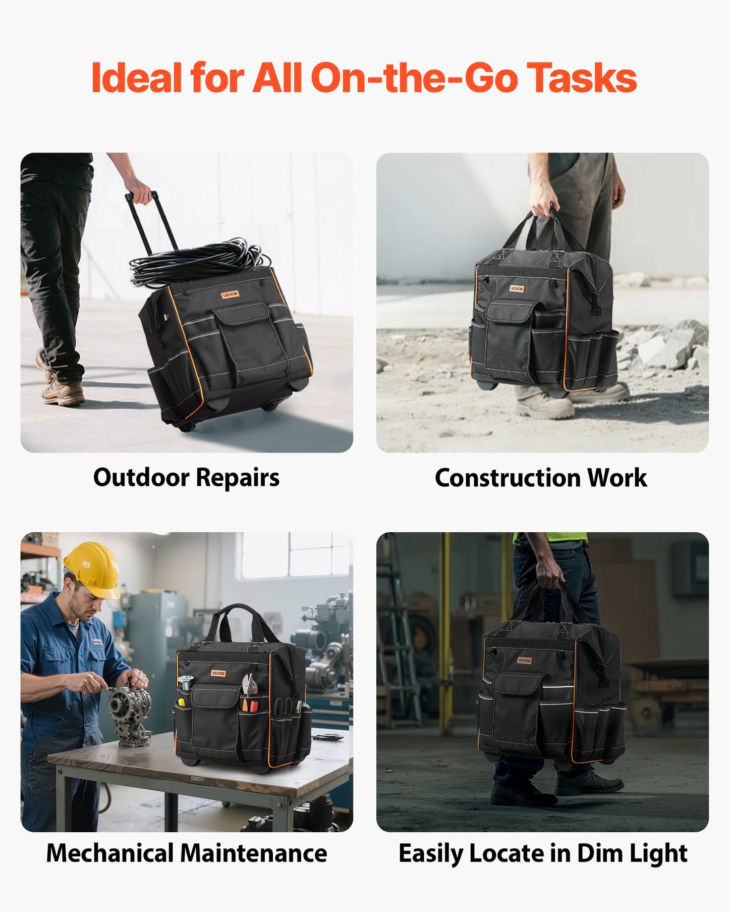 Werkzeugtasche mit Rollen, 50 kg Tragkraft, 25 Taschen, robuste Werkzeugtasche mit Rollen, verstellbarem Teleskopgriff und stabilem Standfuß, Werkzeugtaschen-Organizer mit Rollen für Bauwesen und Mechaniker