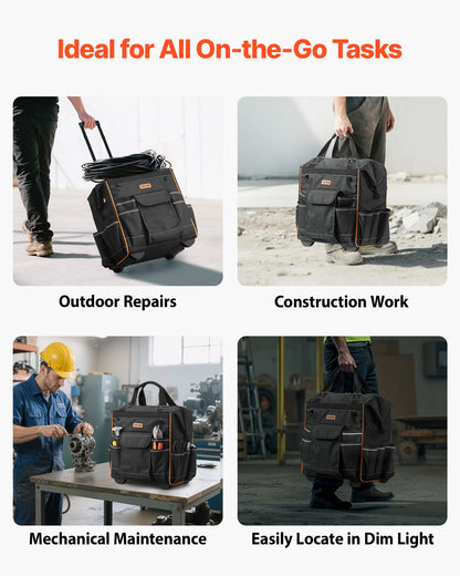 Werkzeugtasche mit Rollen, 50 kg Tragkraft, 25 Taschen, robuste Werkzeugtasche mit Rollen, verstellbarem Teleskopgriff und stabilem Standfuß, Werkzeugtaschen-Organizer mit Rollen für Bauwesen und Mechaniker