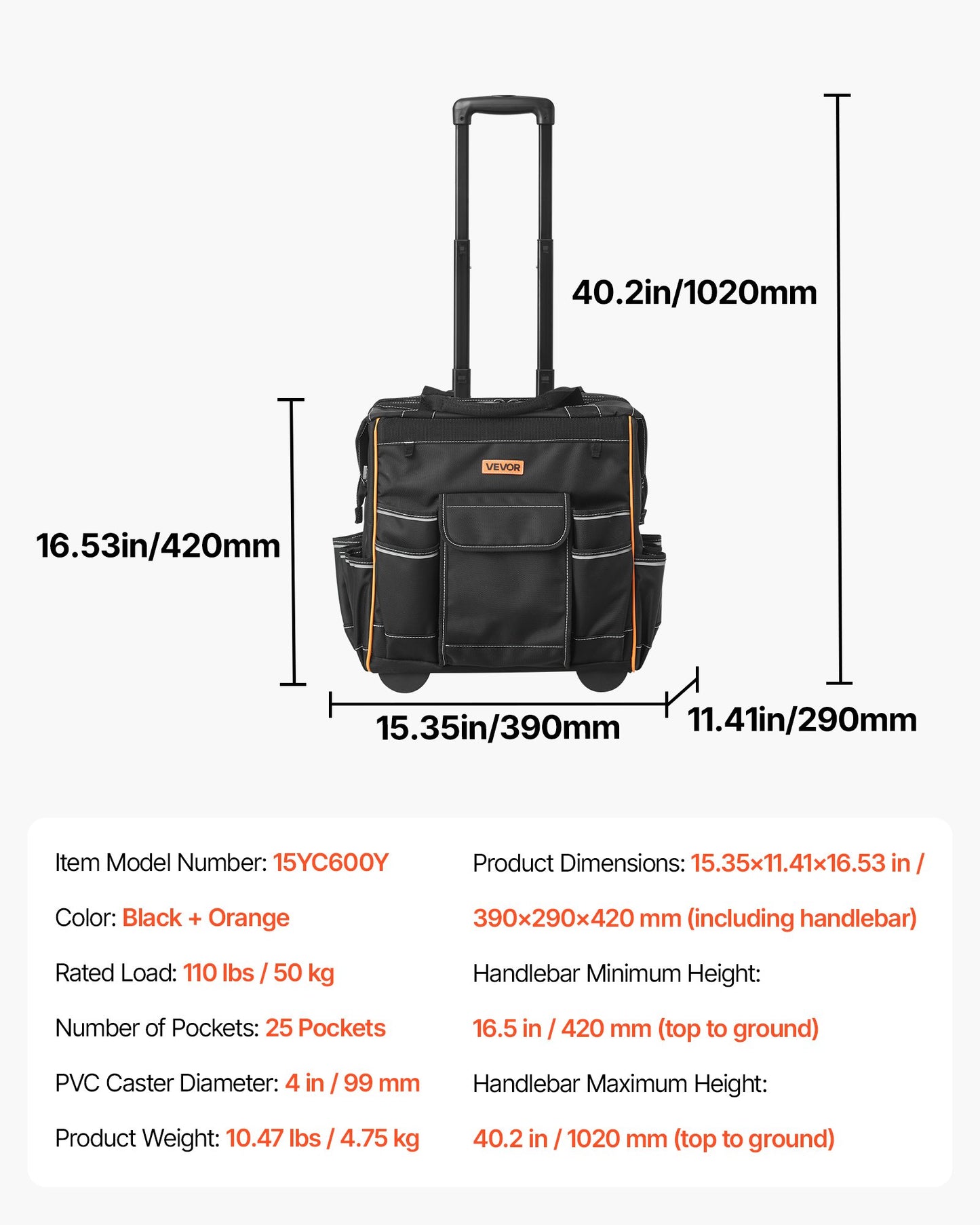 Werkzeugtasche mit Rollen, 50 kg Tragkraft, 25 Taschen, robuste Werkzeugtasche mit Rollen, verstellbarem Teleskopgriff und stabilem Standfuß, Werkzeugtaschen-Organizer mit Rollen für Bauwesen und Mechaniker