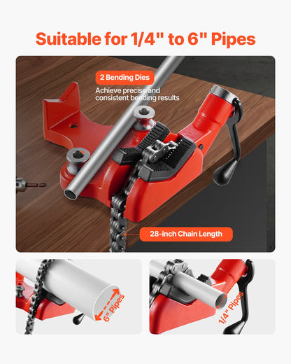 Heavy-Duty Pipe Chain Vise, 1/4" - 6" Pipe Capacity, 28" Rugged Chain & Cast Iron Base, Industrial-Grade Pipe Clamping for Plumbing, Automotive Repairs, Metalworking