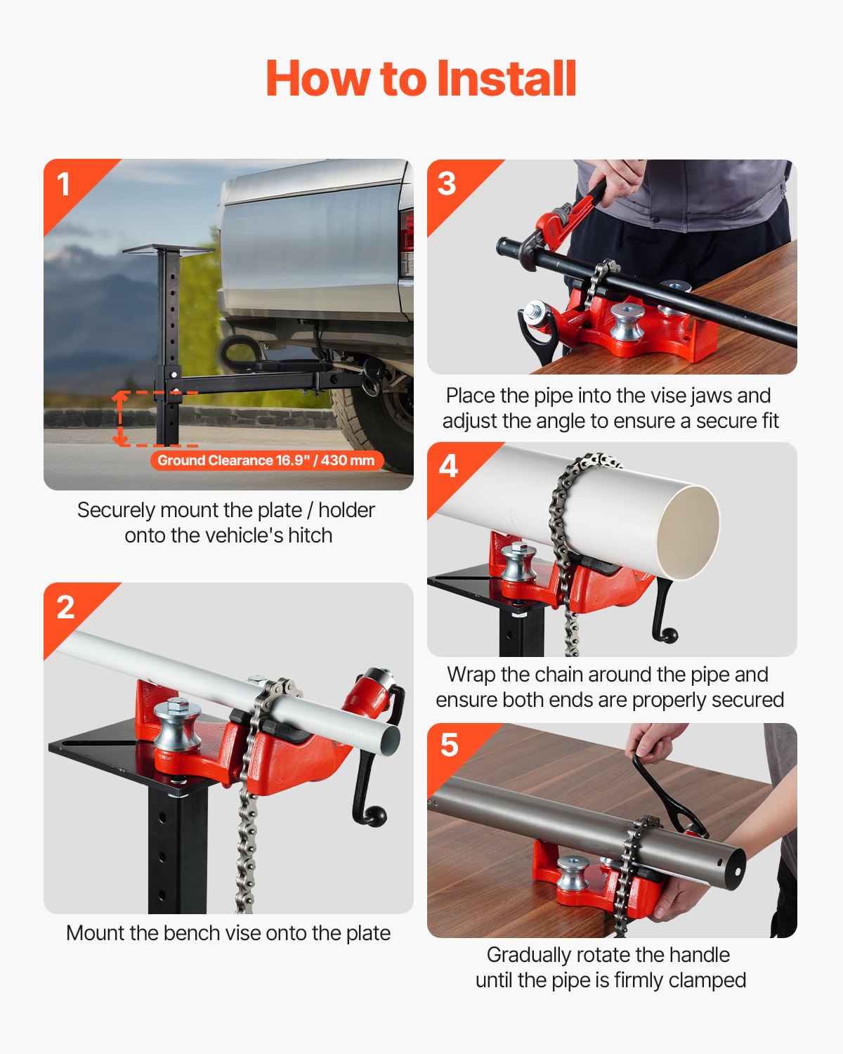 Heavy-Duty Pipe Chain Vise, 1/8" - 5" Pipe Capacity, 26" Rugged Chain & Cast Iron Base, Hitch Mount Vise Plate Holder With Adjustable Height - Fits 2 inch x 2 inch Receiver