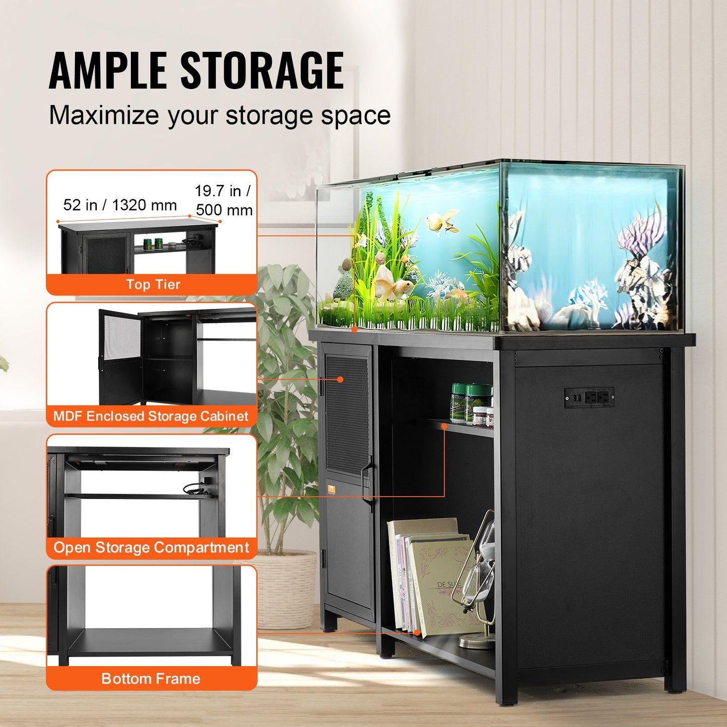 Aquarium Stand, 75 Gallon Fish Tank Stand, 52 x 19.7 x 32.3 in Steel and MDF Turtle Tank Stand, 626 lbs Load Capacity, Reptile Tank Stand with Storage Cabinet and Embedded Power Panel, Black