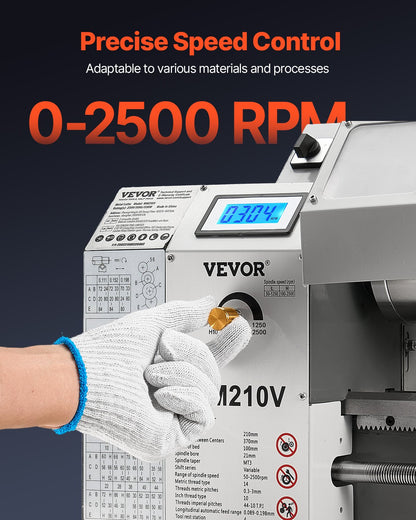 Metalldrehmaschine, 203 x 406 mm (8 x 16 Zoll), 550 W, Tischdrehmaschine, Drehzahlregelung 0–2500 U/min, Spindelgenauigkeit 0,0076 mm (0,0003 Zoll), Metallgetriebe, für die Bearbeitung von Präzisionsteilen, Zoll-/Metrisches Gewinde, Weichmetalle, Holz