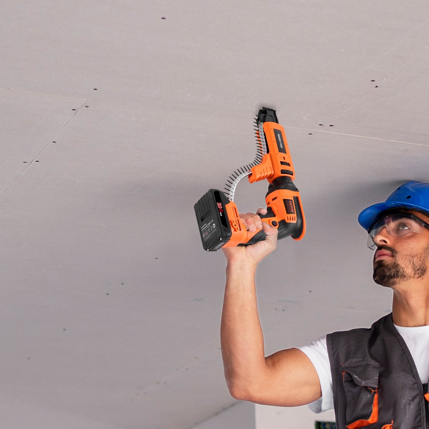 Trockenbauschrauber mit automatischem Vorschub, 20 V Max Magazin-Trockenbauschrauber, 4200 U/min bürstenloser Akku-Trockenbauschrauber-Set mit 2 Akkus, Ladegerät, Gürtelclip, Werkzeugtasche, Schraubenlänge und -tiefe einstellbar