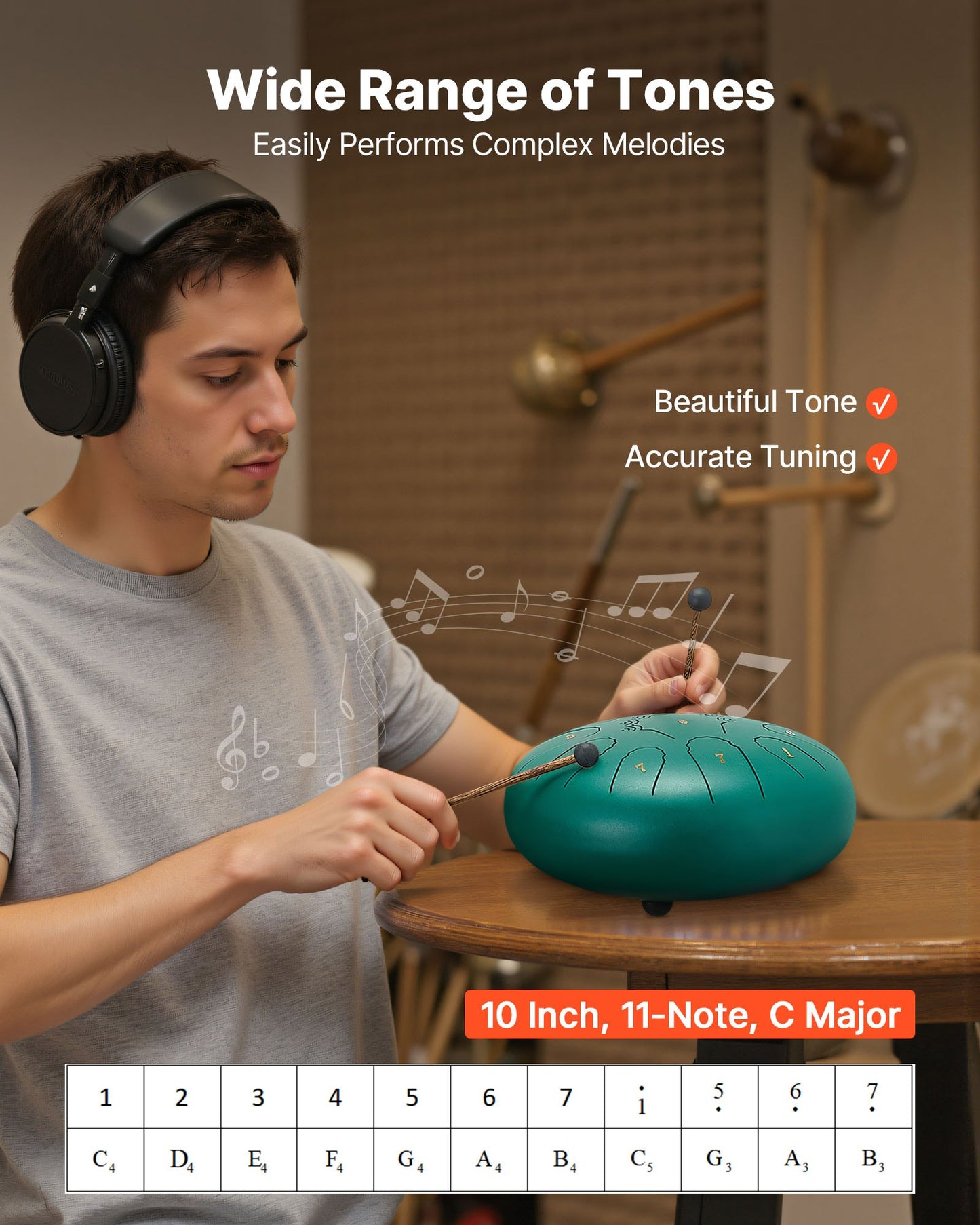 Steel Tongue Drum, 25.4cm 11 Notes Rain Drum for Outside Garden, C Major Musical Drums with Music Book & Mallets, Percussion Instrument for Meditation Yoga Beginner Musical Education, Green