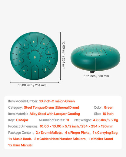 Steel Tongue Drum, 25.4cm 11 Notes Rain Drum for Outside Garden, C Major Musical Drums with Music Book & Mallets, Percussion Instrument for Meditation Yoga Beginner Musical Education, Green