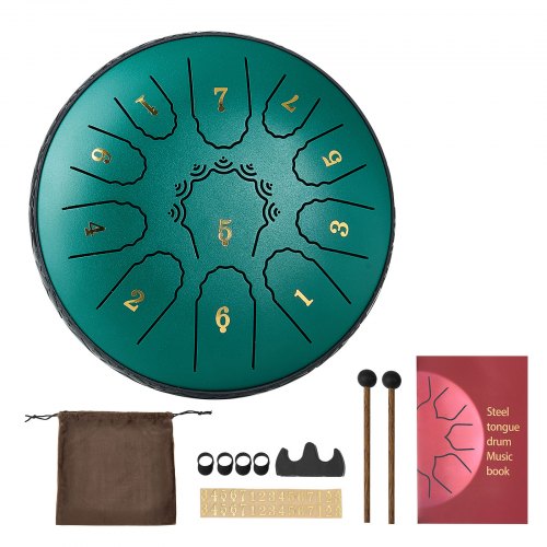 Steel Tongue Drum, 16.5cm 11 Notes Rain Drum for Outside Garden, D Major Musical Drums with Music Book & Mallets, Percussion Instrument for Meditation Yoga Beginner Musical Education, Green
