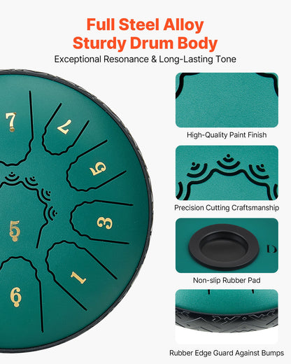Steel Tongue Drum, 16.5cm 11 Notes Rain Drum for Outside Garden, D Major Musical Drums with Music Book & Mallets, Percussion Instrument for Meditation Yoga Beginner Musical Education, Green