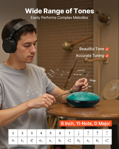 Steel Tongue Drum, 16.5cm 11 Notes Rain Drum for Outside Garden, D Major Musical Drums with Music Book & Mallets, Percussion Instrument for Meditation Yoga Beginner Musical Education, Green