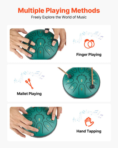 Steel Tongue Drum, 16.5cm 11 Notes Rain Drum for Outside Garden, D Major Musical Drums with Music Book & Mallets, Percussion Instrument for Meditation Yoga Beginner Musical Education, Green