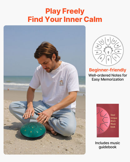 Steel Tongue Drum, 16.5cm 11 Notes Rain Drum for Outside Garden, D Major Musical Drums with Music Book & Mallets, Percussion Instrument for Meditation Yoga Beginner Musical Education, Green