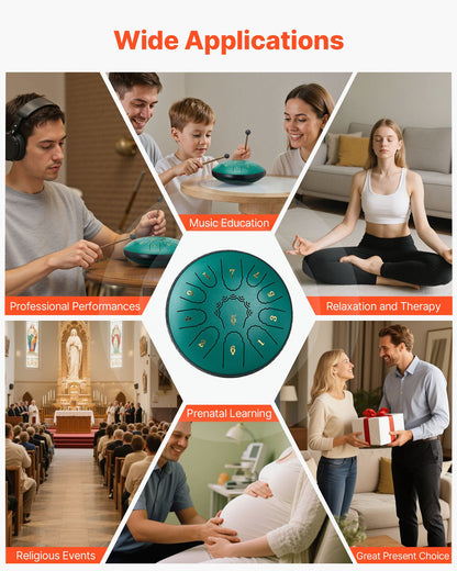 Steel Tongue Drum, 16.5cm 11 Notes Rain Drum for Outside Garden, D Major Musical Drums with Music Book & Mallets, Percussion Instrument for Meditation Yoga Beginner Musical Education, Green