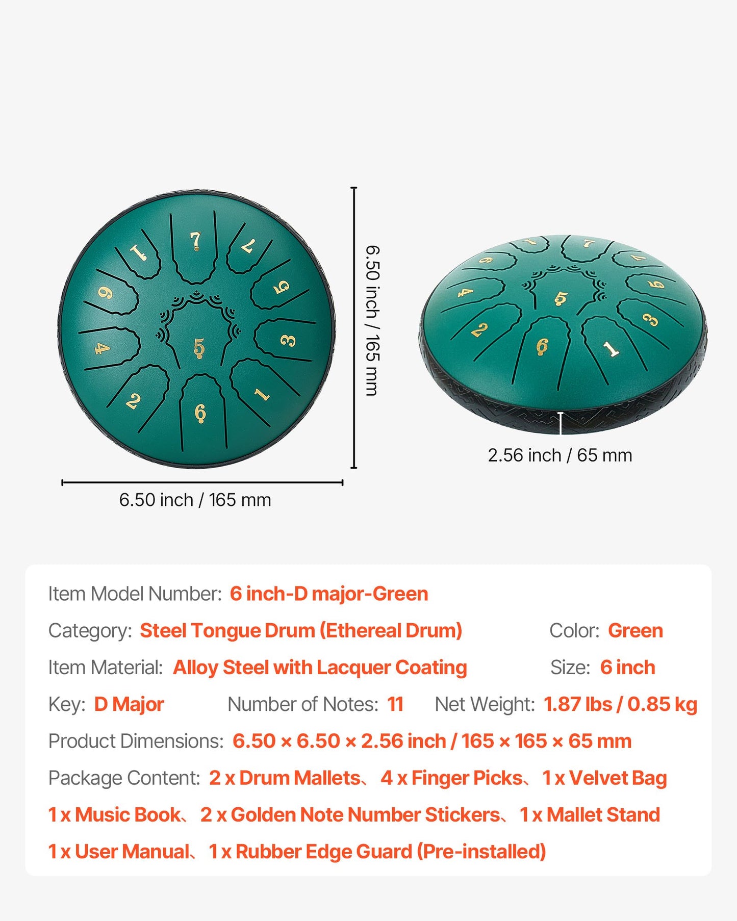 Steel Tongue Drum, 16.5cm 11 Notes Rain Drum for Outside Garden, D Major Musical Drums with Music Book & Mallets, Percussion Instrument for Meditation Yoga Beginner Musical Education, Green