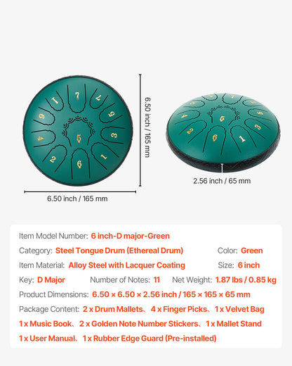 Steel Tongue Drum, 16.5cm 11 Notes Rain Drum for Outside Garden, D Major Musical Drums with Music Book & Mallets, Percussion Instrument for Meditation Yoga Beginner Musical Education, Green