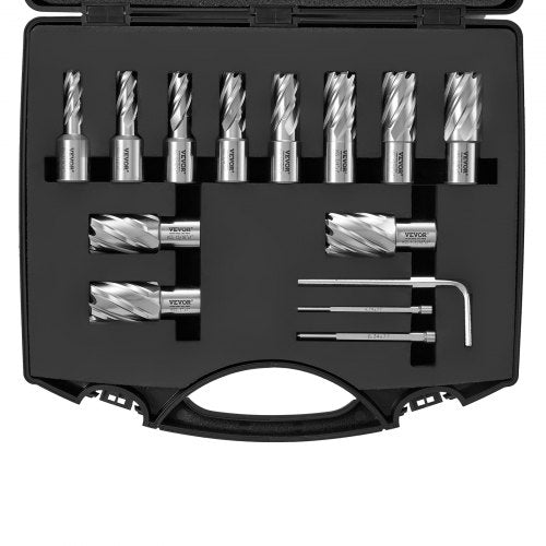 Annular Cutter Set, 13 pcs Weldon Shank Mag Drill Bits, 2.5 cm Cutting Depth, 1.1 to 1-2.7 cm Cutting Diameter, M2AL HSS, 2 Pilot Pins, Hex Wrench and Portable Case, for Using with Magnetic Drills