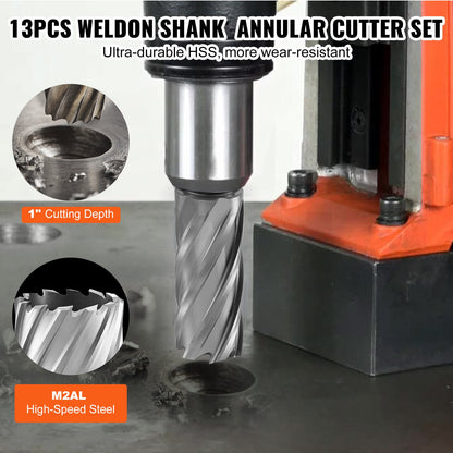 Annular Cutter Set, 13 pcs Weldon Shank Mag Drill Bits, 2.5 cm Cutting Depth, 1.1 to 1-2.7 cm Cutting Diameter, M2AL HSS, 2 Pilot Pins, Hex Wrench and Portable Case, for Using with Magnetic Drills